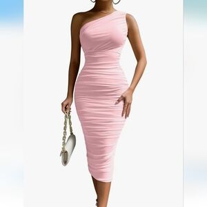 NEW! Original Packgin Elegant Sexy Bodycon One Shoulder Ruched Midi Dress Size L